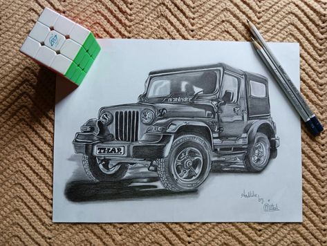 MAHINDRA CAR Car Shading Drawing, Thar Car Sketch, Mahindra Thar Sketch, Thar Car Drawing Sketch, Mahindra Thar Drawing, Realistic Car Drawings, Thar Car, Vehicle Drawing, Car Drawing Pencil