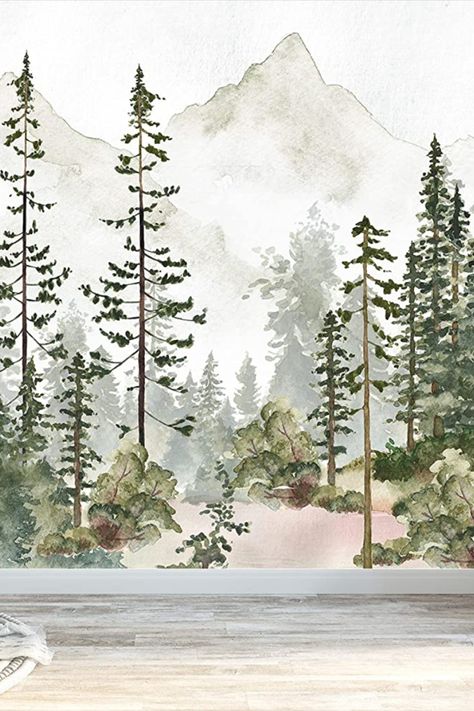 Watercolor Pine Tree Forest Mountains Peel and Stick Wallpaper Self Adhesive Nursery Décor Fabric Woodland Decal - Custom Sizes Mural #3195 (108" H x 155" W, White Sky) Owl Nursery Decor, Kindergarten Wallpaper, Pine Tree Forest, Forest Mural, Woodland Wall, Pine Mountain, Forest Wall Mural, Tree Decals, Forest Nursery