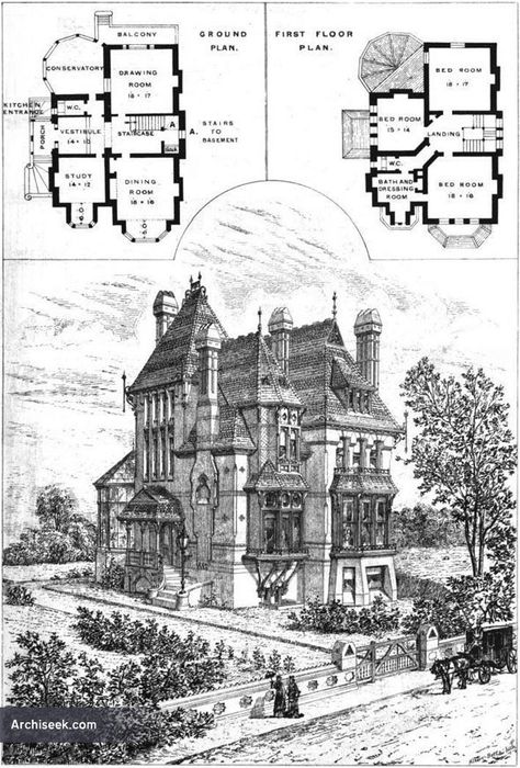 1875 - House, Upper Norwood, London Gothic House Plans, Gothic Victorian House, Vintage Floor Plans, Nice Bedroom, Victorian House Plans, Vintage House Plans, London Architecture, Architecture 3d, Victorian Architecture