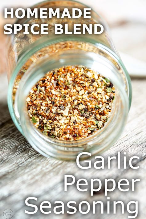 Garlic Pepper Seasoning is a versatile mix of herbs and spices that can enhance the flavor of your dishes. You can sprinkle it over chicken, steak, pork, shrimp, and veggies before roasting. It can be stored for up to six months, making it a convenient pantry staple. Adjust the salt and sugar content to your preference. Salt Pepper Garlic Blend, Steak Spices Seasoning Mixes, Salt Pepper Garlic Ratio, Salt Pepper Garlic Seasoning Recipe, Garlic Pepper Seasoning Diy, Salt Pepper Garlic Seasoning, Spg Spice Recipe, Seasoned Pepper Recipe, Diy Seasoning Mixes