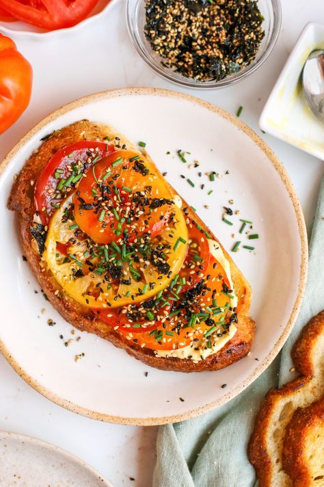 Furikake Tomato Toast on Sourdough with Heirloom Tomatoes Heirloom Tomatoes Recipes, Tomato Toast Recipe, Heirloom Tomato Recipes, Tomato Toast, Tomato Bread, Tomato Season, Toasted Bread, Juicy Tomatoes, Cooked Veggies