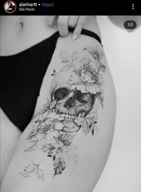 Skull And Magnolia Tattoo, I Have Lived 1000 Lives Tattoo, Skull Peony Tattoo, Skull Shoulder Tattoo, Cool Skull Tattoos, Pretty Skull Tattoos, Floral Skull Tattoos, Skull Thigh Tattoos, Thigh Band Tattoo