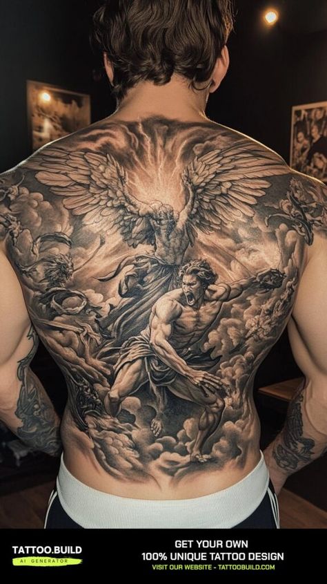 Masculine Back Tattoo Ideas for Men to Inspire From Tattoo Creation Full Back Tattoo Ideas Men, Men Body Tattoo Ideas, Back Piece Tattoo Men Design, One Side Back Tattoo, Big Back Tattoo For Men, Men Rib Tattoo Ideas, Coolest Back Tattoos, Full Back Tattoos For Guys, Greek Back Tattoo