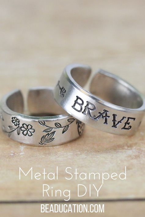 Make a custom metal stamped ring with our step-by-step online tutorials. We'll teach you every step of the way, for free! Diy Metal Stamped Rings, Metal Stamp Rings, Jewelry Stamping Ideas, Diy Metal Rings, Western Metal Stamped Jewelry, Stamped Rings Ideas, Metal Rings Diy, Metal Stamped Rings, Ring Stamping