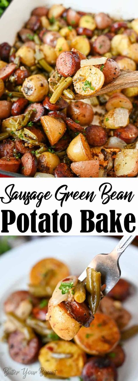 Sausage green bean potato bake is a quick and easy comforting dinner. Just a few minutes prep time, dinner is ready in under an hour! Green Beans Potatoes And Sausage, Sausage Potatoes Green Beans, Sausage Green Bean Potato Casserole, Green Bean Potato Casserole, Sausage And Green Beans, Baked Green Beans, Potatoes And Green Beans, Potato Bake, Sausage Bake