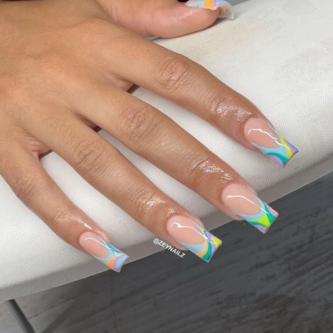 Outline French Tip Nails Square, Colourful French Tips Square, Colorful French Tips Square, Short Square Acrylic Nails Colorful French Tip, Summer French Tips Square, Beginner Nail Designs, Acrylic Toes, Acrylic Toe Nails, Girly Acrylic Nails