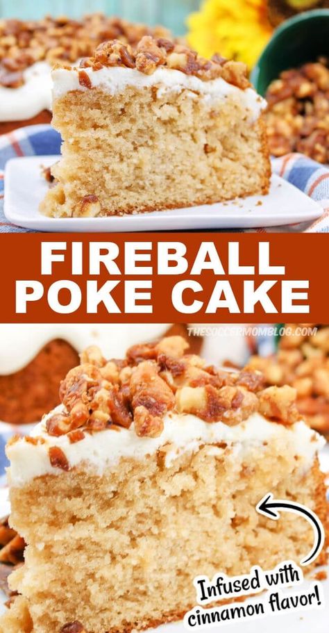 Fireball Cake, Easy Poke Cake, Pumpkin Poke Cake, Whiskey Glaze, Alcohol Cake, Cinnamon Whiskey, Whiskey Recipes, Butter Pecan Cake, Boozy Desserts