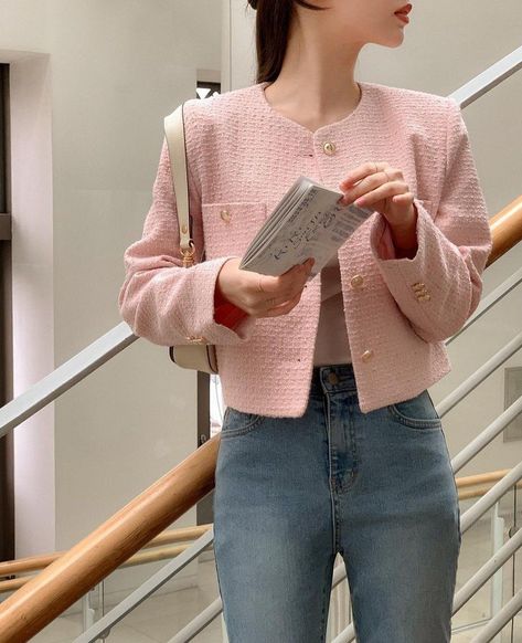 Pink Blazer Outfit Korean, Korean Tweed Blazer, Pink Jacket Outfit Hijab, Channel Clothes Outfits, Old Money Pink Outfit, Pink Blazer Outfit Casual, Pink Tweed Blazer Outfit, Pink Tweed Jacket Outfit, Pink Tweed Outfit