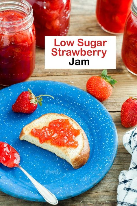 This Low Sugar Strawberry Jam is everyone's favorite! Easily made No Sugar too! Instructions in recipe! #jam #jellies #preserves #preserving #canning #strawberries #jams #jellies #summerrecipes Canning Strawberries, Low Sugar Strawberry Jam Recipe, Grilled Vegetable Recipes, Strawberry Freezer Jam, Strawberry Jam Recipe, Vegan Summer Recipes, Homemade Strawberry Jam, Strawberry Preserves, Blackberry Jam