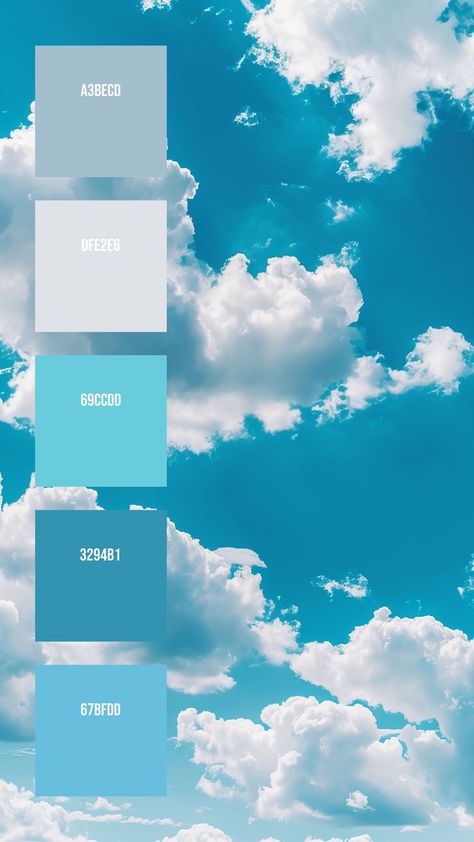 Colors: A3BECD ° DFE2E6 ° 69CCDD ° 3294B1 ° 67BFDD Blue Color Pallet, Blue Pallets, Ethereal Essence, Cloud Formations, Bright Blue Sky, Cumulus Clouds, Hex Color Palette, Web Colors, Color Palette Bright