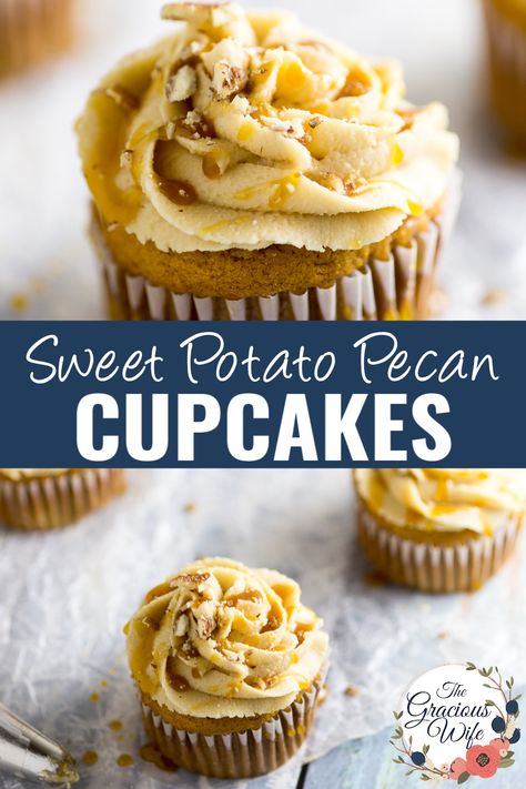 Rich and moist Sweet Potato Pecan Cupcakes are topped with a sweet caramel frosting. These festive cupcakes have all your favorite Fall flavors and would be a delicious non-pie addition to your Thanksgiving dessert table. Pecan Cupcakes Recipe, Fall Cupcakes Recipes, Pecan Cupcakes, Thanksgiving Dessert Table, Sweet Potato Cupcakes, Sweet Potato Pecan, Thanksgiving Desserts Table, Birthday Chocolate, Caramel Frosting