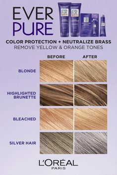 Brighten your blonde with EverPure Purple Shampoo and Conditioner. Instantly neutralizes brassy orange and yellow tones. For all blonde, bleached, highlighted brunettes and silver hair. 100% sulfate-free. Brown Highlighted Hair, Lightening Shampoo, Loreal Hair, Blonde Highlights On Dark Hair, Purple Shampoo And Conditioner, Highlighted Hair, Hair Toner, Shampoo And Conditioner Set, Dark Hair With Highlights