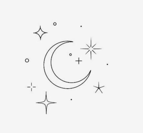 Small Moon With Stars Tattoo, Start And Moon Tattoo, Crescent Moon Tattoo Stencil, Moon With Sparkles Tattoo, Moon Tattoo With Meaning, Half Moon And Star Tattoo, Moon Mini Tattoo, Moon Tattoo Linework, Moon Tattoo Line