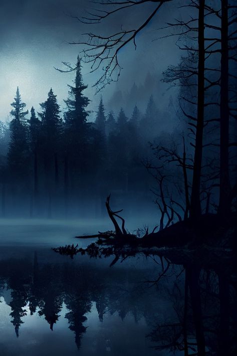 foggy forest landscape Painting Of Forest Trees, Spooky Landscape Photography, Fantasy Dark Landscape, Forest Lake Aesthetic Dark, Eerie Lake Aesthetic, Scary Forest Art, Forest Night Painting, Spooky Forest Painting, Dark Background Landscape