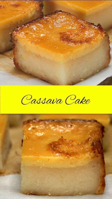 Cassava Cake, or Cassava Bibingka, is a traditional Filipino dessert or snack crafted from cassava and finished with a smooth custard topping. This simple dessert can be made using just five basic ingredients: cassava, coconut milk, and sugar, among a few others. It's baked until it sets, maintaining a delightfully chewy texture. The creamy custard layer nestled on top of this vintage Filipino treat is sure to win your heart. Philippines Dessert, Cassava Cake Recipe Filipino, Philippine Desserts, Casava Cake Recipe, Cassava Cake Recipe, Vintage Filipino, Filipino Kakanin, Cassava Recipe, Bibingka Recipe