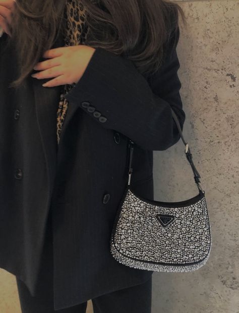 Prada Cleo Crystal Bag Outfit, Prada Bag Crystals, Prada Triangle Bag Outfit, Prada Crystal Bag Outfit, Prada Cleo Bag Outfit, Prada Cleo Crystal, Prada Crystal Bag, Prada Bag Aesthetic, Prada Cleo Bag