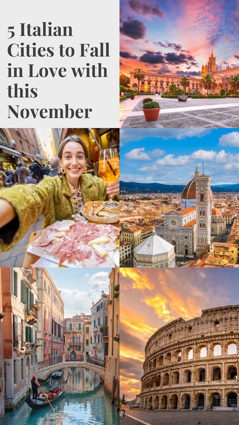 Fall in love with an Italian city this November. It’s hard to choose, but here’s a list of five of the best. Take your pick… 

Rome
Venice 
Bologna 
Florence 
Palermo 

Find out why you should visit on our dedicated website blog! Florence In November, Italy Cities, Vacation To Italy, Italy In November, Plan A Vacation, Italian Cities, Cities To Visit, Italian City, Cities In Italy