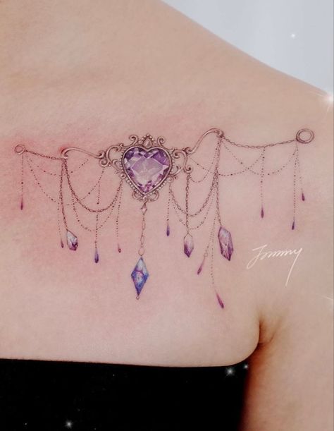 Jewel Garter Tattoo, Shoulder Chain Tattoo, Charm Tattoo Ideas, Rachel Tattoo, Bead Tattoo, Jewellery Tattoo, Jewel Tattoos, Jewlery Tattoo, Jewerly Tattoo