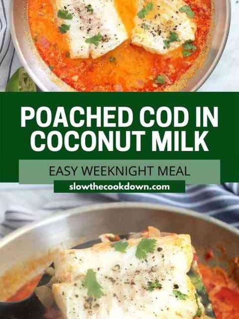 Poached Cod in Coconut Milk - Slow The Cook Down Coconut Dill Poached Cod, Cod In Coconut Milk, Poached Fish In Coconut Milk, Cod Coconut Milk, Cod With Coconut Milk, Poached Cod In Coconut Milk, Fish Recipes With Coconut Milk, Cooking Cod, White Fish Recipes Baked