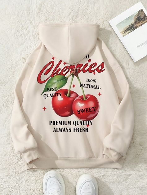 Cherry Graphic Print Hoodie, Long Sleeve Beige Casual  Long Sleeve Knitted Fabric Letter,Fruit&Vegetable,Plants,Slogan Pullovers Slight Stretch  Women Clothing, size features are:Bust: ,Length: ,Sleeve Length: Cherry Hoodie, Letter Print Hoodie, Fabric Letters, Slim Fit Top, Elegant Dresses Long, Drawstring Hoodie, Long Sleeve Knit, Workout Tops, Long Sleeve Hoodie