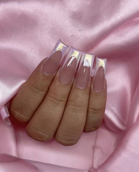 Cute Soft Nails Aesthetic, Long Square Chrome Nails, Pink Birthday Nails Simple, Chrome French Nails Coffin, Square Chrome Nails French Tip, Korean Acrylic Nails Art Designs, Irradecent French Tip Nails, Chrome French Tip Square, Chrome French Tip Acrylic Nails