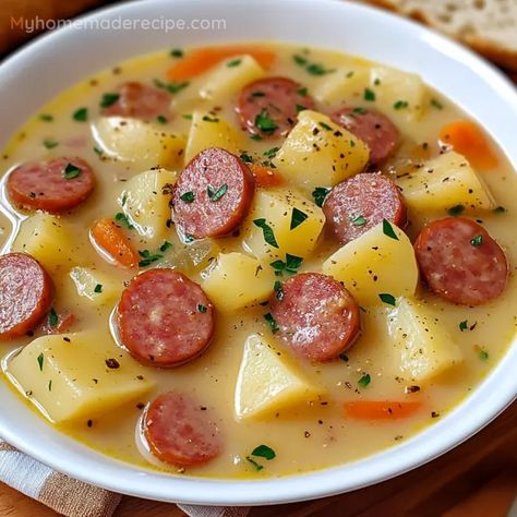 Cozy Potato Kielbasa Soup Recipe | Hearty and Comforting - My Home Made Recipe Cozy Kielbasa Potato Soup, Cozy Kielbasa Soup, Keilbasa Recipes Soup, Polish Kielbasa Soup, Kabasa Sausage Potato Soup, Kielbasa And Potato Soup, Potato Kielbasa Soup, Soup With Kielbasa, Potato Kielbasa