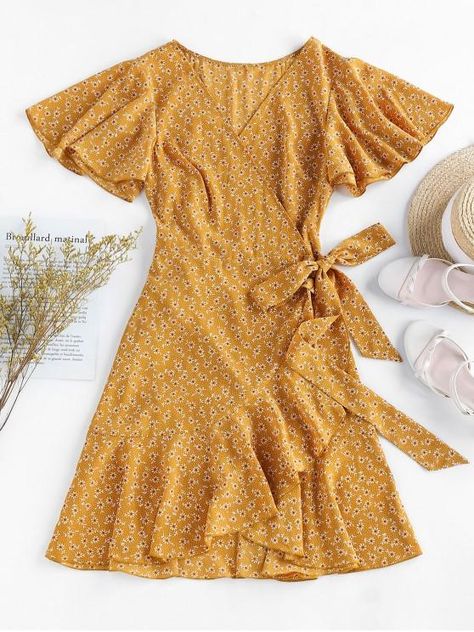 Ditsy Print, Tulip Dress, Butterfly Sleeve, Mini Dress Casual, Butterfly Sleeves, Print Dresses, Online Dress Shopping, Long Sleeve Maxi Dress, Yellow Dress