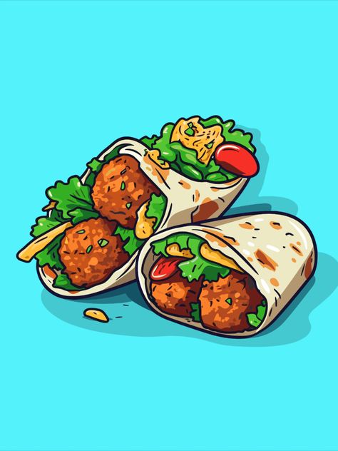 falafel wrap vector illustration. clean line and cool color clip art for menu, poster, web Falafel Illustration, Food Illusion, Sandwhich Wraps, Logo Korea, Burritos Recipes, Turkey Burritos, Lebanon Culture, Food Clip Art, Fried Chicken Burger