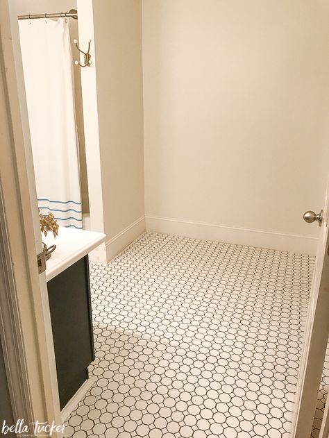 Octagon Dot Tile Bathroom, Octagon And Dot Tile Bathroom, Small Hexagon Tile Bathroom, Octagon Tile Bathroom, White Shower Tile, Hexagon Tile Bathroom, Boy Bathroom, Octagon Tile, Private Instagram