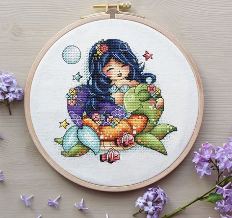 Mermaid Cross Stitch Pattern, Ocean Princess, Stencil Patterns Templates, Mermaid Cross Stitch, Cross Stitch Baby, Hand Embroidery Pattern, Thread Colors, Cross Patterns, Dmc Thread