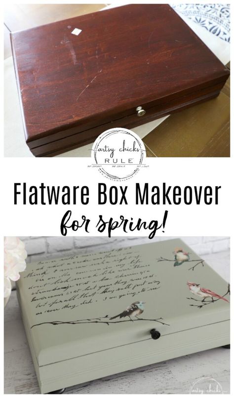 Wooden Boxes Ideas, Flatware Box, Flatware Chest, Box Makeover, Jewelry Box Makeover, Wooden Memory Box, Wooden Home Decor, Painted Wooden Boxes, Wooden Home