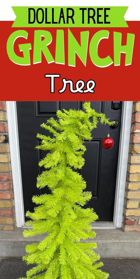 grinch tree on step How To Make A Whoville Christmas Tree, Green Grinch Christmas Tree, Grinch Sled Diy, Grinch Centerpiece Ideas Diy Simple, Whoville Table Decorations, How To Make Grinch Ornaments, Diy Grinch Decorations How To Make, The Grinch Decor, Grinch Tree Ideas