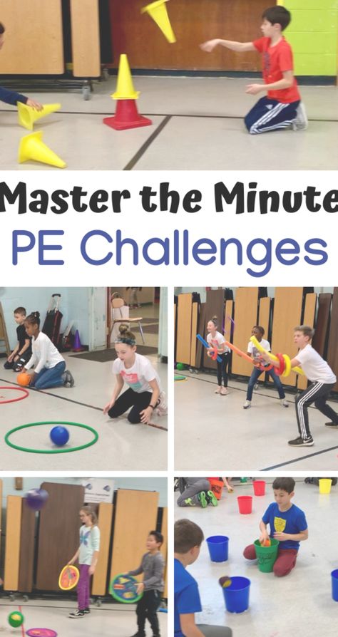 Minute to Win It Challenges - PE teacher Lindsay Karp shares these challenges that are fun, team orientated, and focused on a variety of  are great for any health, wellness, and fitness related units. #physed Gym Class For Homeschool, Tossing Games For Kids, Phy Ed Games For Kindergarten, Pe Station Ideas, Adaptive Pe Activities Wheelchair, Indoor Pe Activities For Kids, Fun Active Games For Kids, Fun Gym Games For Kids, Pe Games For Kids