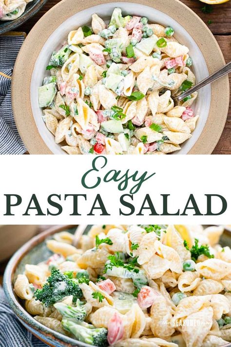 Full of fresh, flavorful ingredients, this easy pasta salad recipe is a popular side dish for picnics, potlucks, and cookouts. The creamy cold pasta salad starts with a bright, smooth dressing made with mayo, lemon, fresh basil, and garlic. Perfect for spring and summer entertaining! Cold Pasta Salad Recipes Easy, Creamy Pasta Salad Dressing, Pasta Salad With Mayo, Easy Cold Pasta Salad, Pasta Salad Dressing Recipe, Mayo Pasta Salad Recipes, Spring Pasta Salad, Homemade Pasta Salad, Cold Pasta Dishes