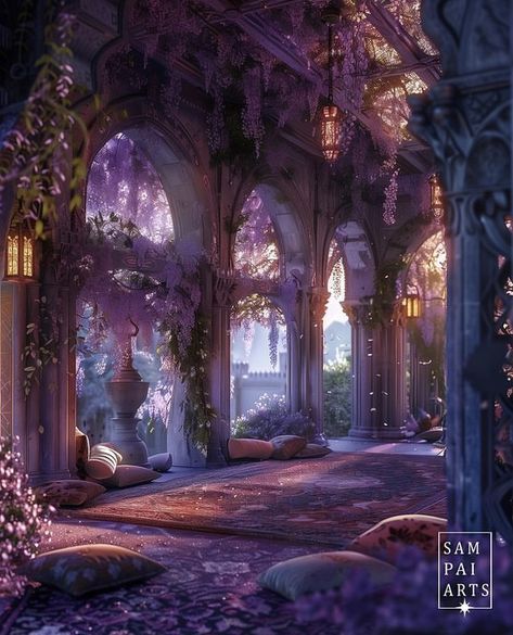 Kiana Aesthetic, Dusk Court Aesthetic, Fairy Palace, Purple Palace, Spring Court, Fae Palace, Dusk Court, Purple Kingdom Aesthetic, Pink Fantasy Castle