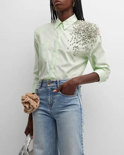 B8LF4 Hellessy Alfred Crystal-Embroidered Button-Front Shirt Shirts With Rhinestones, T Shirt Collar Embroidery, Rhinestone Collar Shirt, Machine Embroidery Shirt Designs, Button Up Embroidery, Embellished Tops For Women, Shirt Patches Ideas, Embellished T Shirt, Shoulder Embroidery Designs