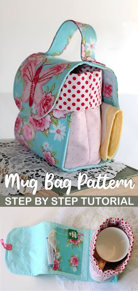 Mug Carrier Pattern, Free Small Sewing Patterns, Mug Bag Tutorial Free Pattern, Pattern For Small Bag, Mother’s Day Sewing Gift, Stuff To Sew And Sell, Tea Wallet Pattern Free Sewing, Mug Bags, Tea Bag Holder Diy Free Pattern