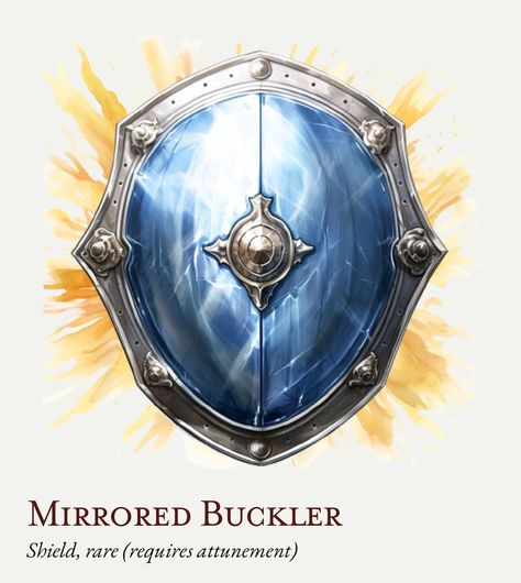 Mirrored Buckler - Shield, Rare (Requires Attunement) - The surface of this shield is covered in a smooth, gleaming metal that is as… | Instagram Magic Shield Art, Dnd Shield, Fantasy Shield, Buckler Shield, 5e Items, Fantasy Objects, Magic Shield, Dnd Items, Glass Shield