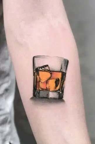 Whiskey Sour Tattoo, Bourbon Glass Tattoo, Bourbon Tattoo Ideas, Whisky Tattoo Ideas, Tennessee Whiskey Tattoo, Rocks Glass Tattoo, Old Fashioned Drink Tattoo, Jameson Tattoo, Whisky Glass Tattoo