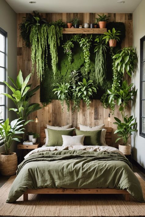 Plant Walls Bedroom, Moss Headboard, Master Bedrooms Decor With Plants, Grass Wall In Bedroom, Pallet Wall Bedroom Ideas, Small Bedroom With Plants, Bedroom Plant Theme, Wooden And Plant Bedroom, Moss Wall Bedroom