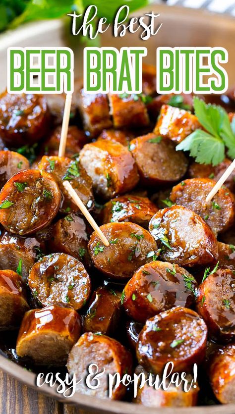 Beer Brat Appetizer, Appetizers For Party Easy Crock Pot, Bratwurst Bites Recipes, Easy Sausage Appetizers, Recipes Using Beer Brats, Beer And Appetizer Pairings, Beer Party Food Ideas, Brat Bites Crock Pot, Things To Make With Bratwurst