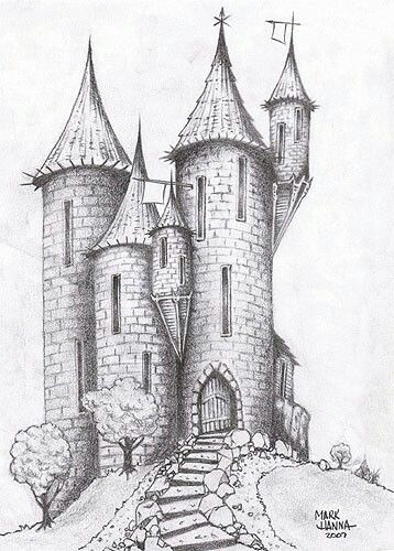 Castle Sketch, Landscape Pencil Drawings, Castle Drawing, Castle On The Hill, Istoria Artei, Landscape Sketch, Castle Art, Fantasy Drawings, Art Drawings Sketches Pencil