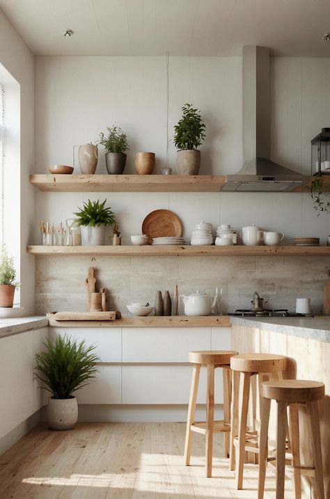 Scandi Kitchen Shelves, Scandi Pantry, Japandi White Kitchen, Scandi Kitchens, Small Scandinavian Kitchen, Kitchen Natural Wood, Kitchen Island Furniture, Scandi Interior Design, Kitchen Restoration