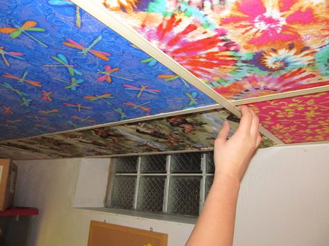 Tutorial:  Cover Ugly Ceiling Tiles with FABRIC! Diy Ceiling Tiles, Ceiling Tiles Art, Ceiling Tiles Diy, Ceiling Tiles Painted, Classroom Ceiling, Drop Ceilings, Vintage Tin Ceiling Tile, Tile Ceiling, Drop Ceiling Tiles