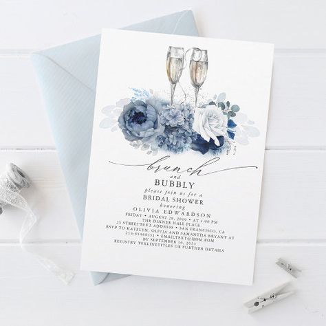 Dusty Blue Elegant Brunch and Bubbly Bridal Shower for $2.92 - Bridal Shower Invitations Bridal Shower Themes Blue Color Schemes, Dusty Blue Bridal Shower Ideas, Bridal Shower Blue And White, Bridal Shower Dusty Blue, Something Blue Bridal Shower Ideas, Champaign Glasses, Brunch And Bubbly Invitations, Elegant Brunch, Country Spring