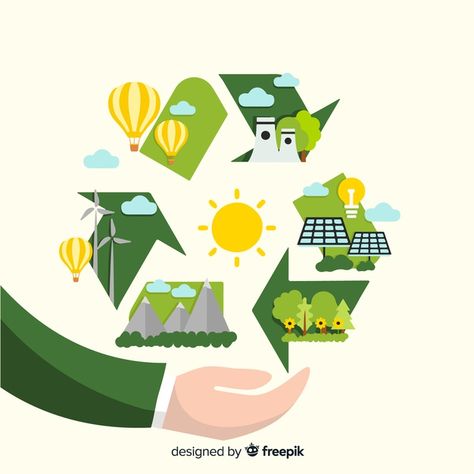 Flat design ecology concept with natural... | Free Vector #Freepik #freevector #freedesign #freehand #freeleaf #freegreen Recycle Drawing Poster, Renewable Energy Drawing, Clean Energy Poster, Renewable Energy Illustration, Recycle Drawing, Renewable Energy Poster, Energy Conservation Poster, Recycling Poster, Earth Symbols