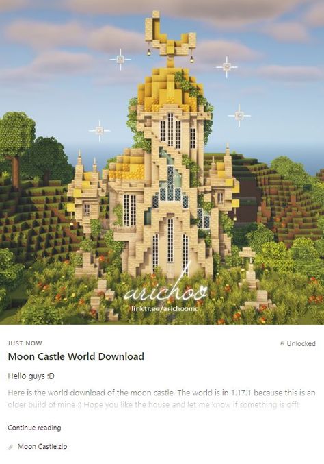 Hi guys! :) The world download of the moon castle is now available on my Patreon. If you are interested in this building and in supporting me click on the picture. Love you all & have a great day/night! 🥰 #cottagecoreminecraft #cottagecore #cottage #minecraftcottage #minecraftaesthetic #aesthetic #aestheticminecraft #minecraft #mizunos16craft #patreon #fairy #fairycore #pixie #magic #support #contentcreator #moon #mooncastle #stars #starsandmoon Minecraft Build House, Village In Minecraft, Minecraft Castle Blueprints, Moon Castle, Cottage Minecraft, Minecraft Houses Survival, Minecraft Mansion, Picture Love, Minecraft House Plans