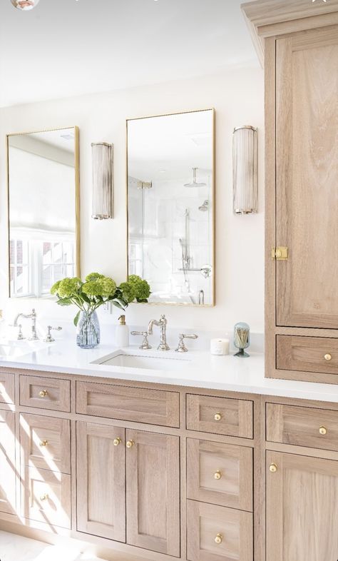 Bathroom Storage Next To Vanity, Bathroom Remodel Natural, Bathroom Ideas Brushed Nickel, Wood Cabinets In Bathroom, Shea Mcgee Bathroom Ideas, Natural Maple Bathroom Cabinets, Hardwood In Bathroom, Warm Master Bath Ideas, Cream Master Bath