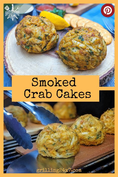 Simply delicious. These Maryland-style smoked crab cakes are everything you want and more making them the perfect lunch or dinner recipe. Smoked Crab Cakes, Grilled Crab Cakes, Bge Recipes, Smoked Appetizers, Cooking Crab, Tailgate Snacks, Crab Cake Recipes, Smoked Recipes, Crab Cake Recipe