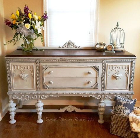 Diy Old Furniture, Diy Old Furniture Makeover, Jacobean Buffet, Old Furniture Makeover, Muebles Shabby Chic, Buffet Makeover, Painted Buffet, Timeless Furniture, Furniture Rehab